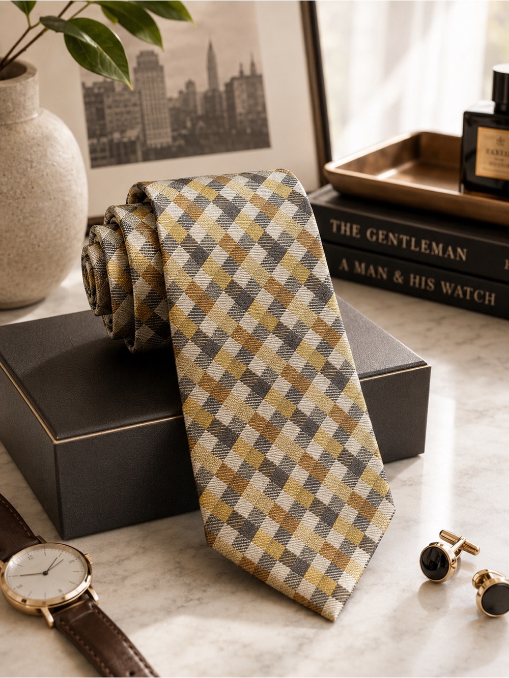 Croft & Barrow Silk Tie Gold Gray Geometric Office Career Neck Tie NWT